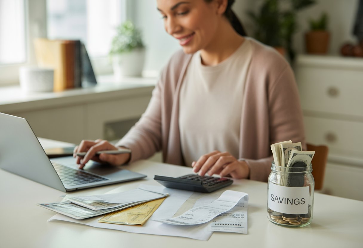 A person working at a desk with a laptop, calculator, receipts, and a savings jar in a bright home office.
