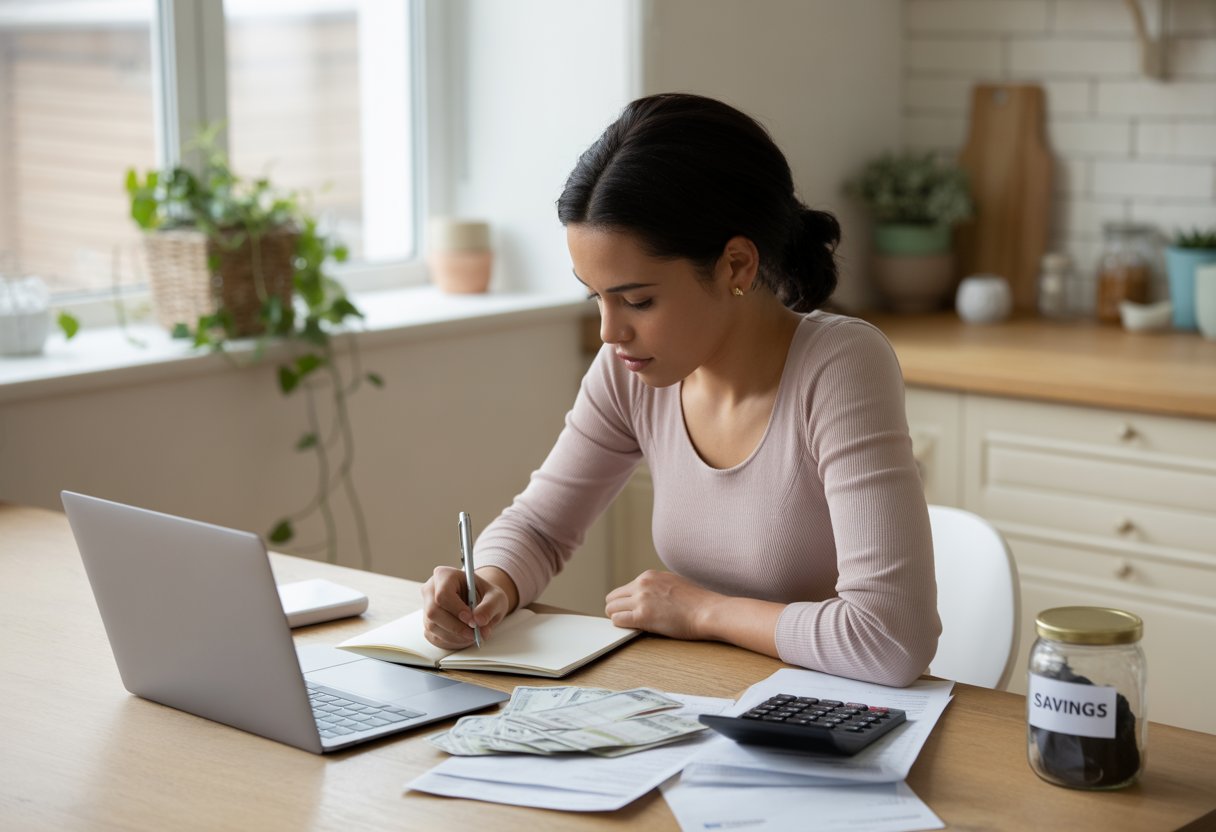 A young woman sitting at a kitchen table using a laptop and writing in a notebook surrounded by bills, a calculator, and a savings jar.