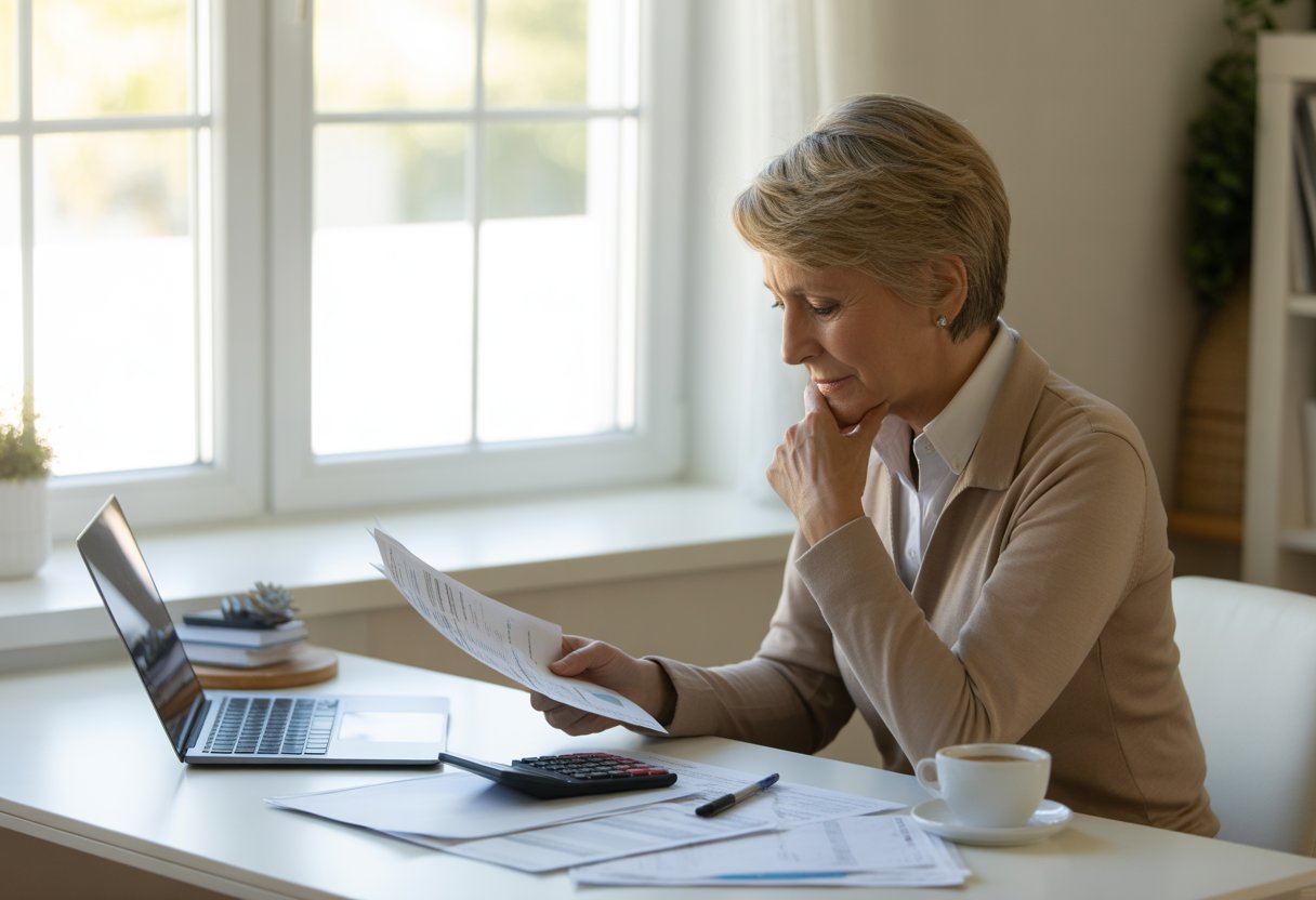 Person sitting at a desk reviewing financial documents with a calculator and laptop in a bright home office.