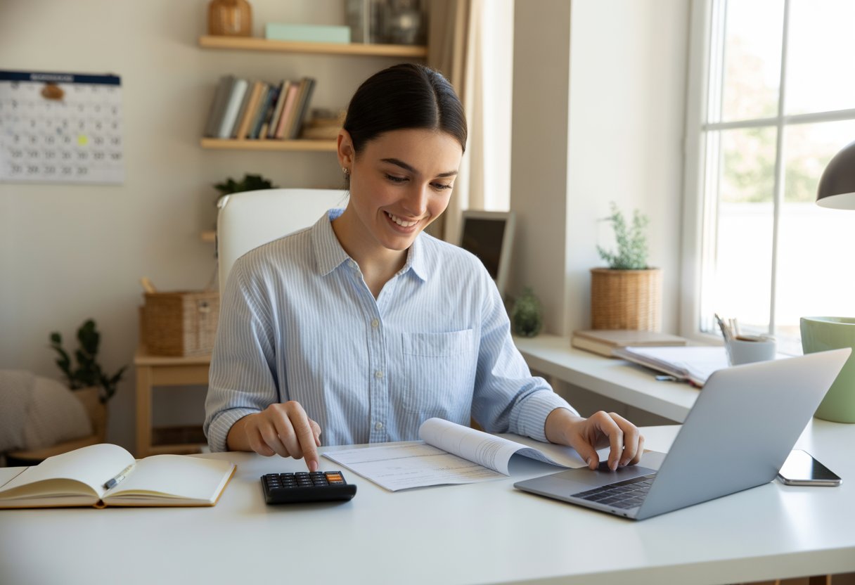 A young adult sitting at a desk organizing financial documents with a laptop and calculator in a bright home office.