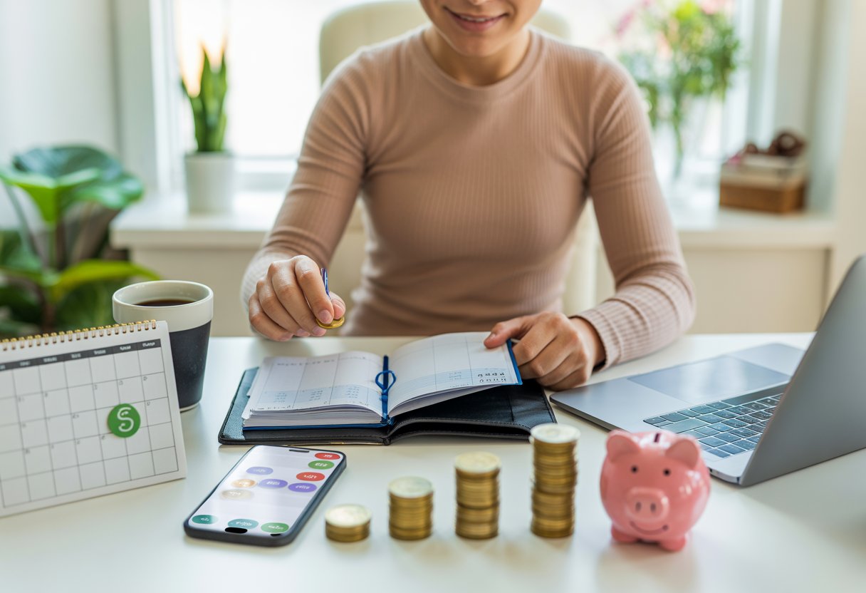 A young adult at a desk organizing a budget planner with coins, a piggy bank, and a laptop in a bright home office.