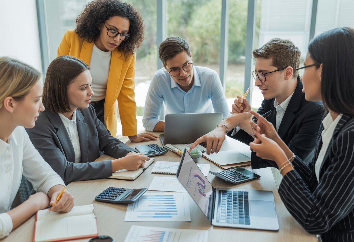 A group of young adults sitting around a table in an office, discussing financial documents and working together.