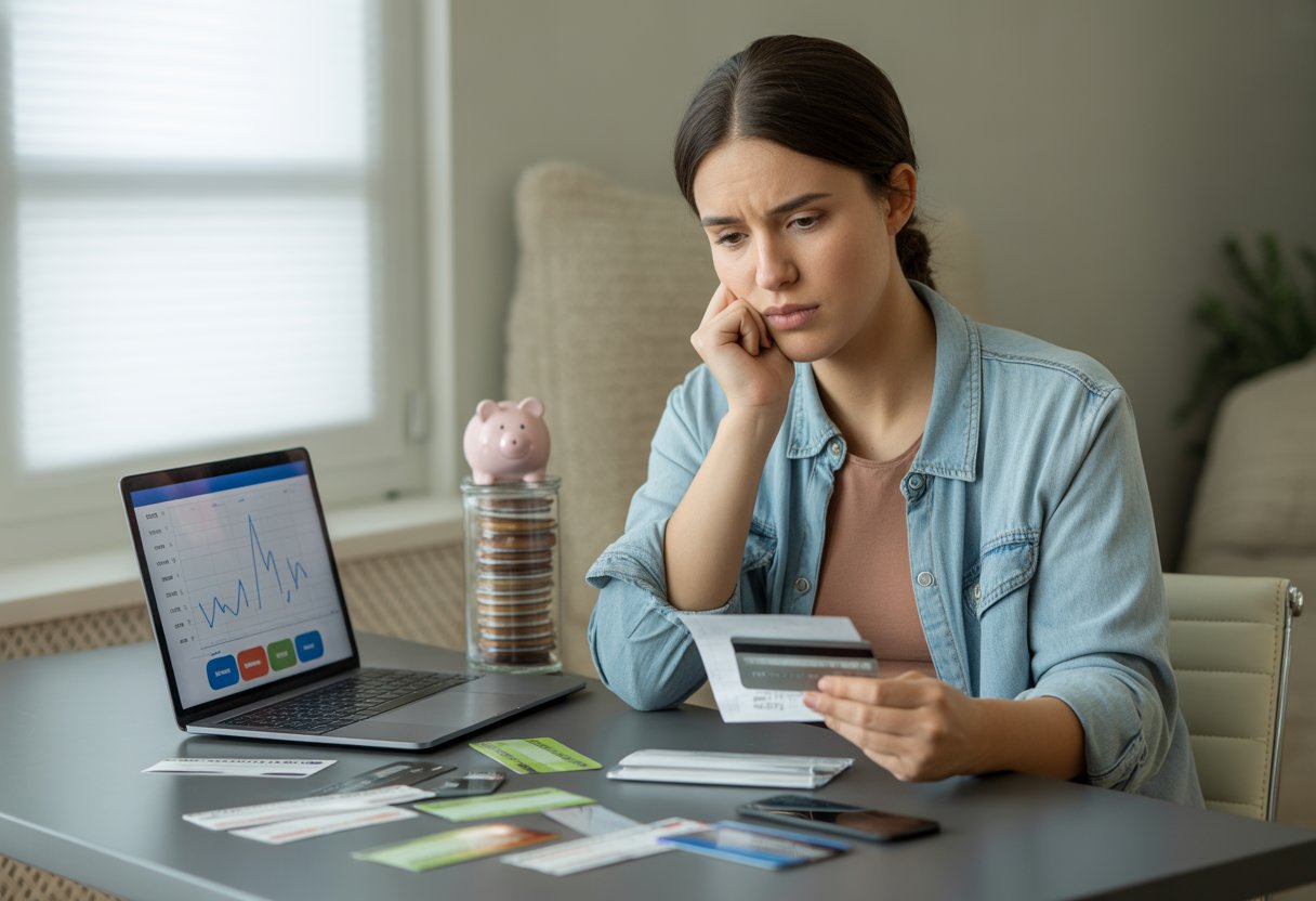 A young adult sitting at a desk with credit cards, receipts, and a laptop, looking thoughtful while reviewing a budget planner in a home office.