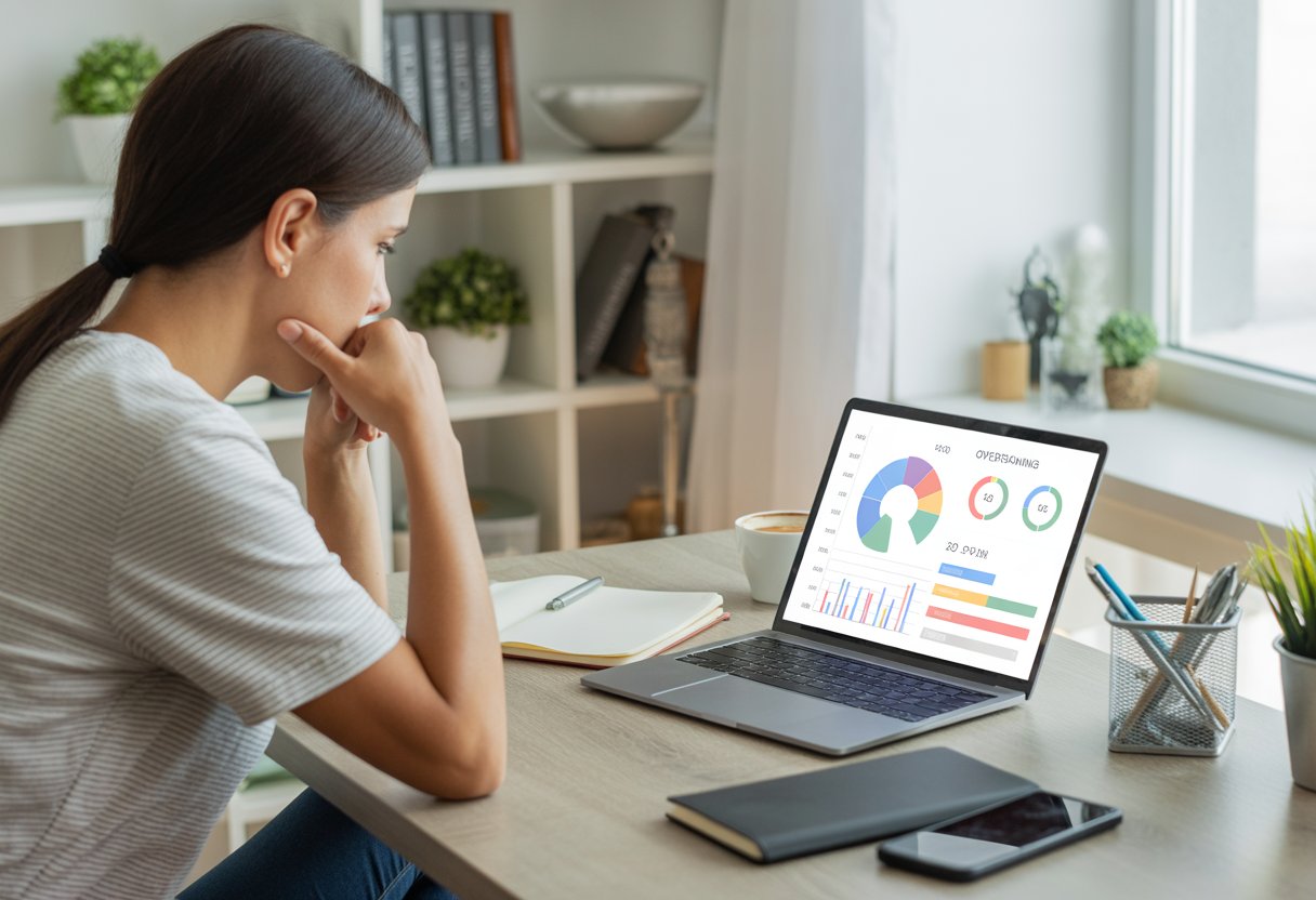 A young adult sitting at a desk looking at a laptop with financial charts, surrounded by office supplies and plants.