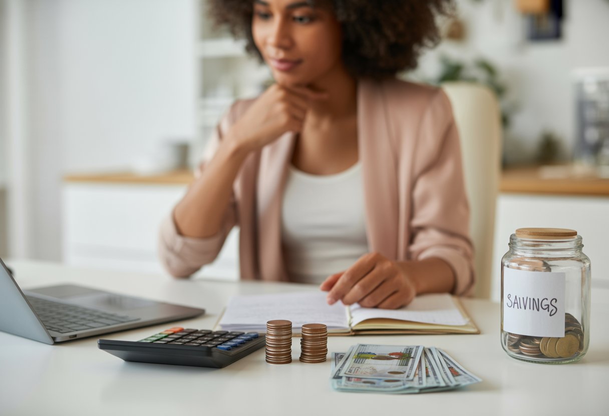 A young woman at a desk reviewing her budget with a laptop, calculator, and coins, symbolizing starting an emergency fund.