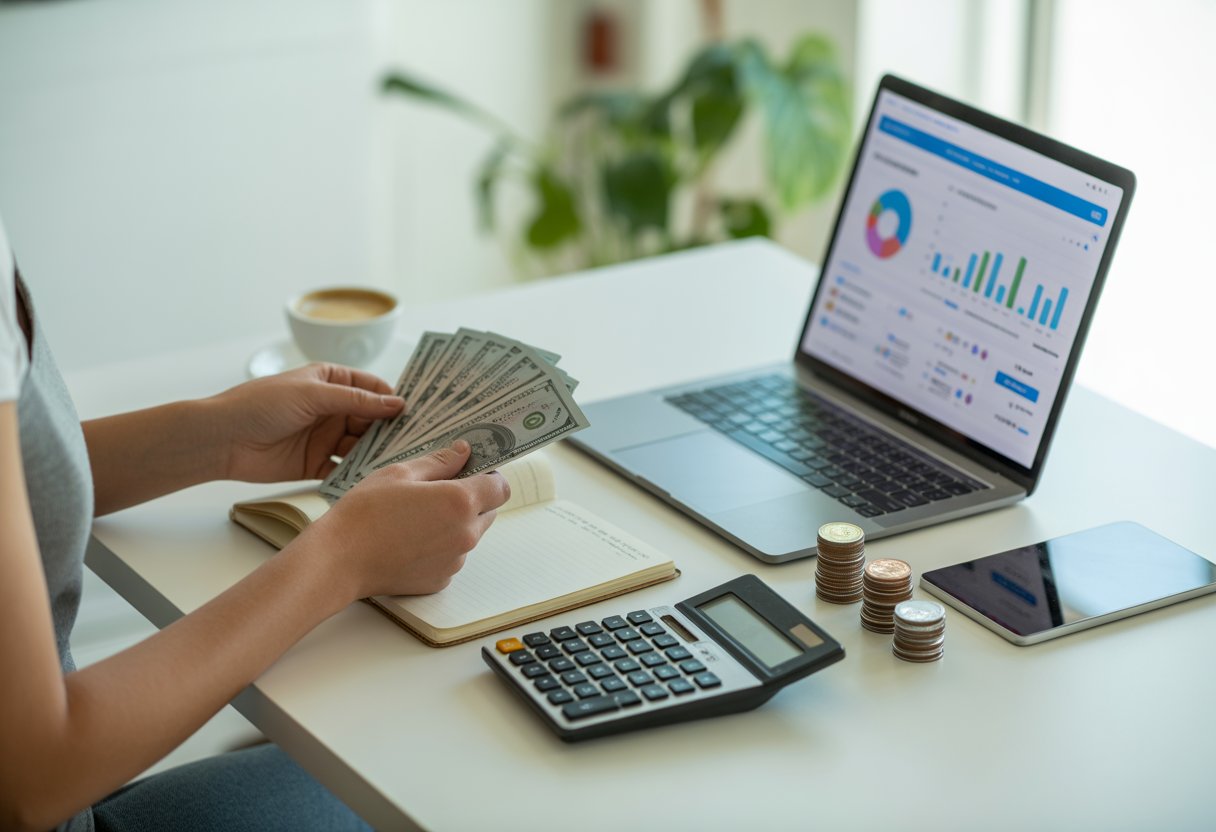A young adult organizing personal finances at a desk with a calculator, notebook, coins, and a laptop showing budgeting charts.