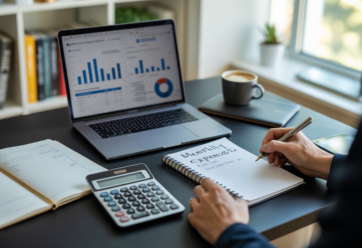 A person writing notes on a notepad at a desk with a laptop showing financial charts and a calculator nearby.