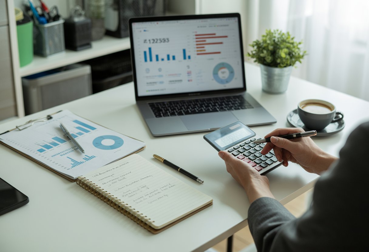 A person working at a desk with a laptop, calculator, and documents, analyzing monthly expenses.