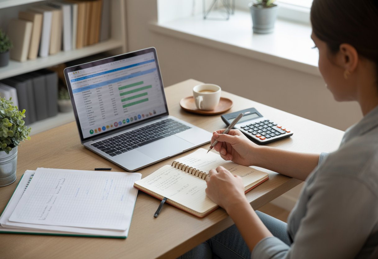 Person working on a monthly budget at a desk with a laptop, notebook, calculator, and coffee in a bright home office.