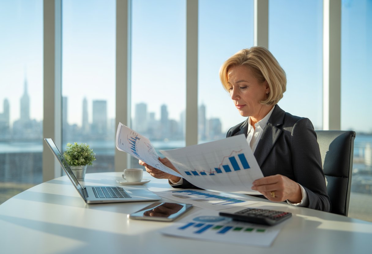 A businesswoman reviewing financial documents at a desk in a modern office with a city skyline visible through the window.