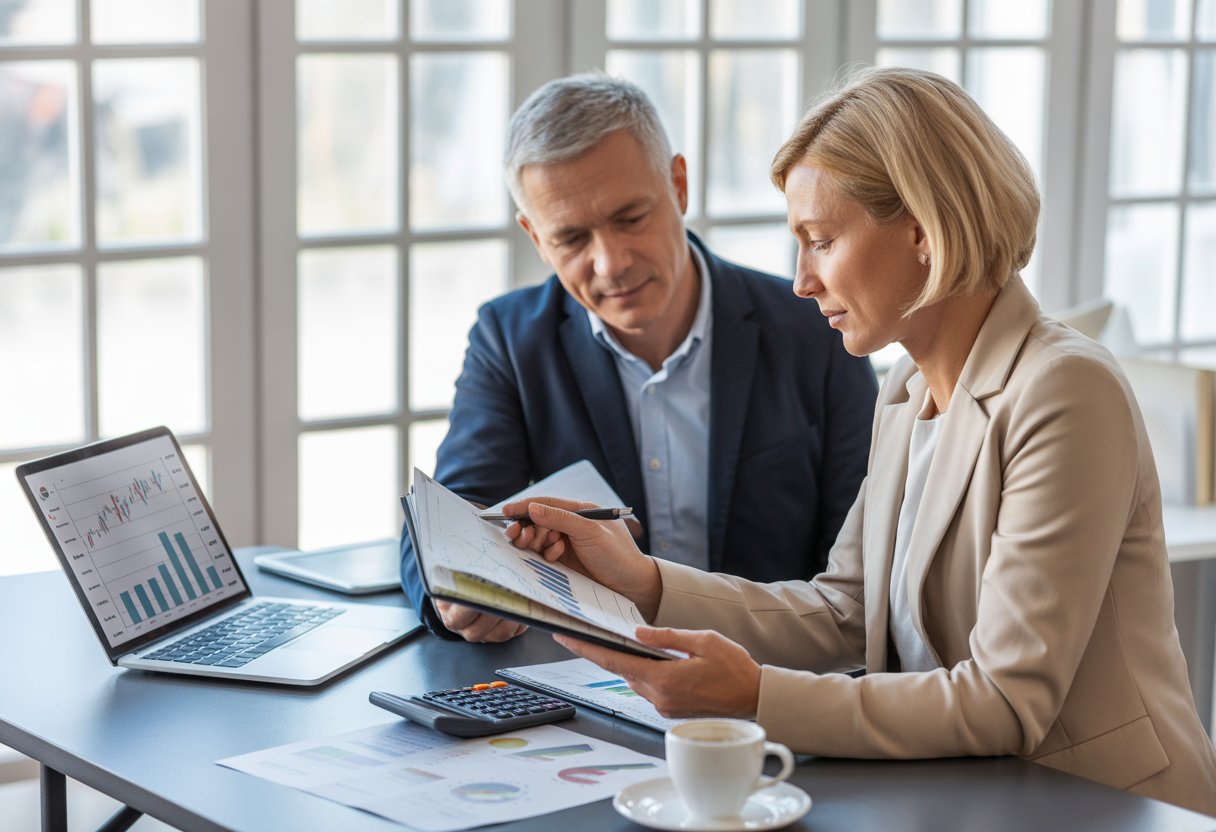A man and woman sitting at a desk reviewing financial documents and charts in a bright office.