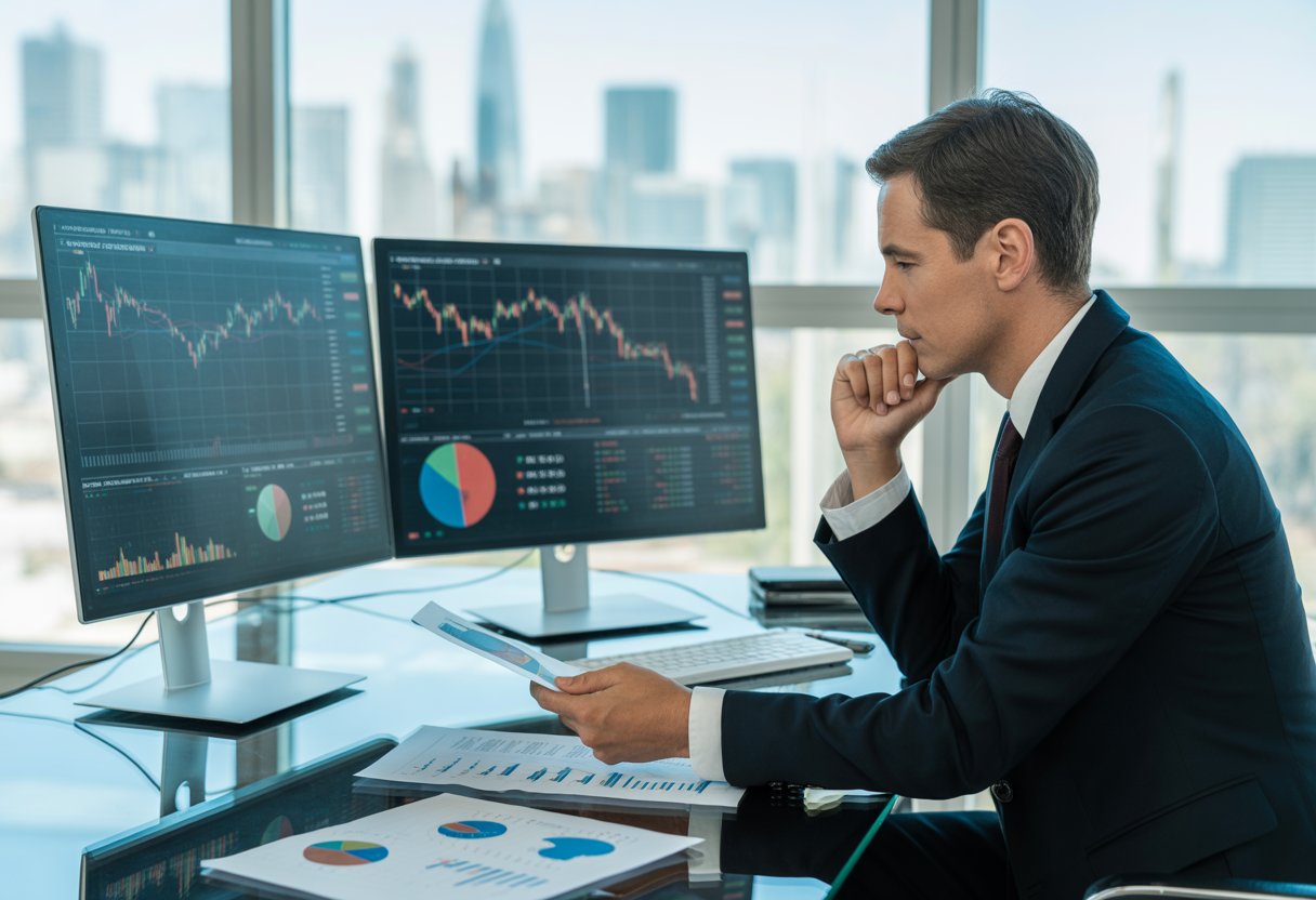 A businessperson reviewing financial charts and documents in an office with a city skyline in the background.