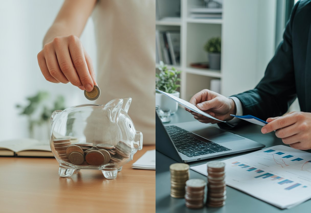 A person putting coins into a piggy bank on one side and another person analyzing financial charts on a laptop on the other side, showing saving versus investing.