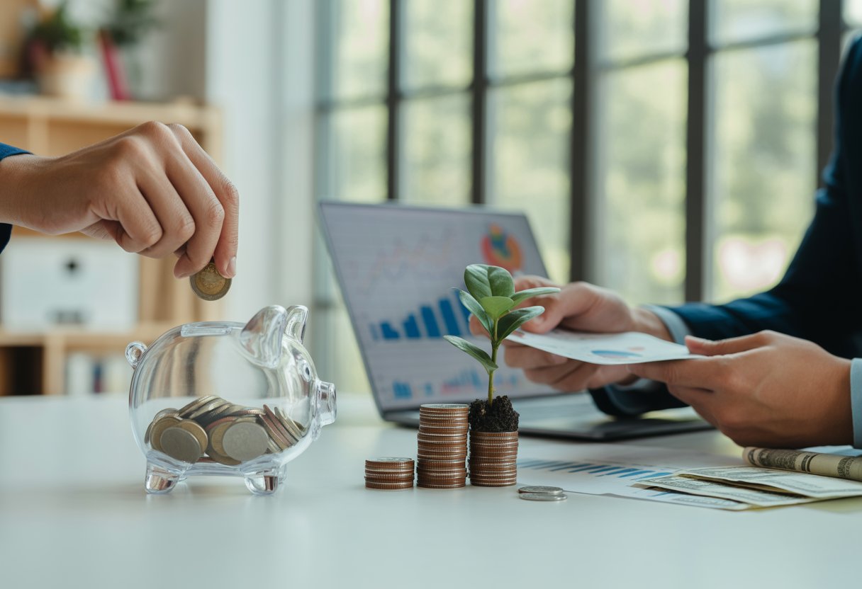 Two people demonstrating saving and investing: one putting coins into a piggy bank, the other analyzing financial charts with a small plant growing from coins on a desk.