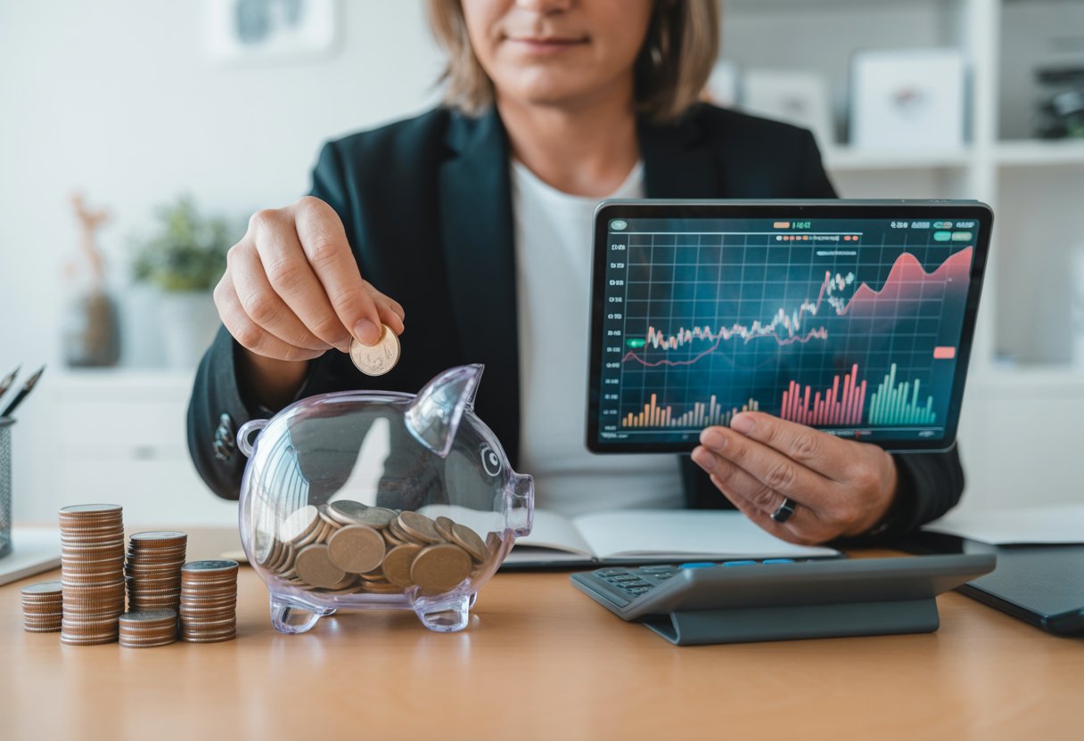 A person placing coins into a piggy bank on one side and reviewing stock charts on a tablet on the other side in a modern office setting.