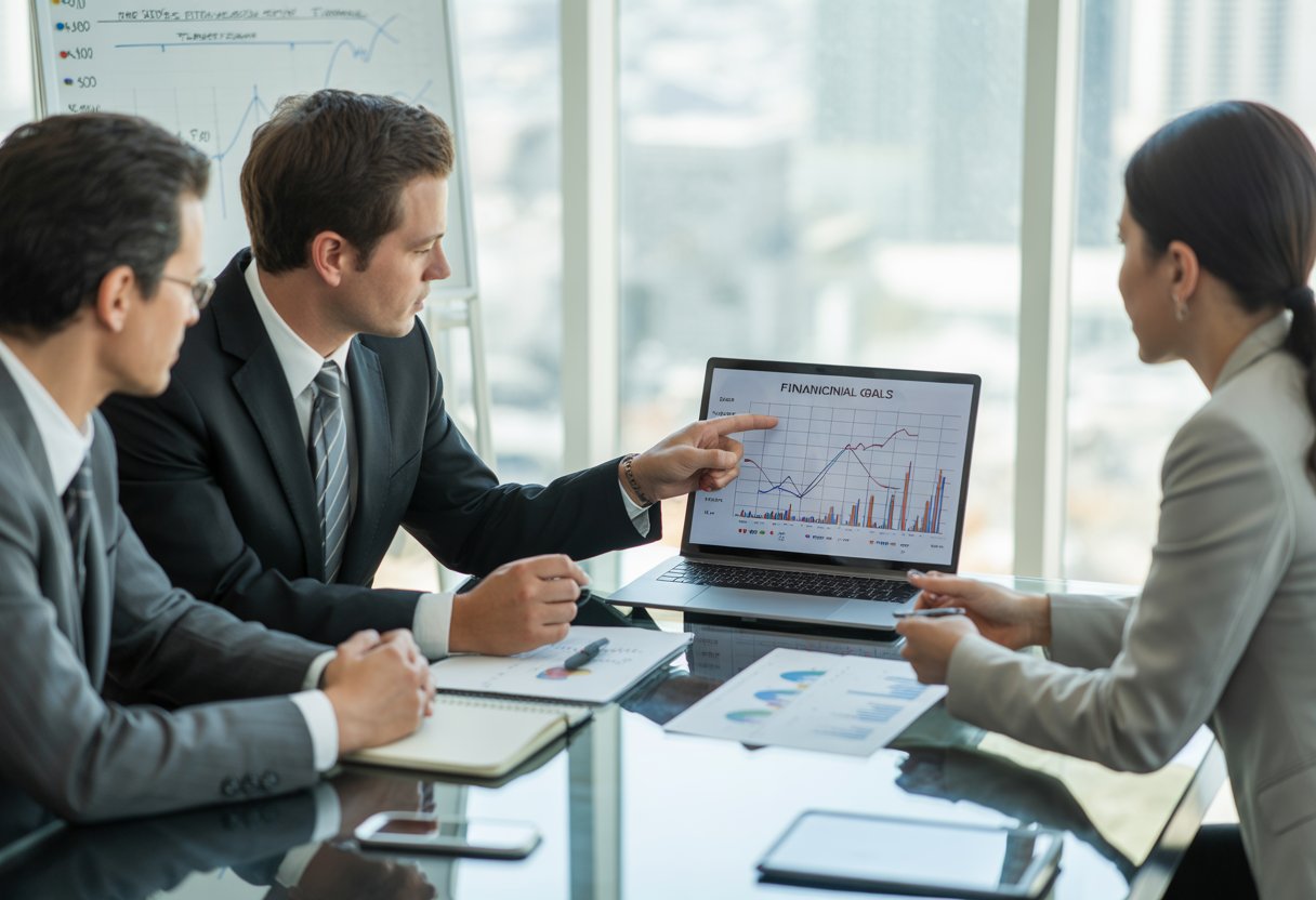 Three professionals discussing financial charts and documents around a conference table in a bright office.