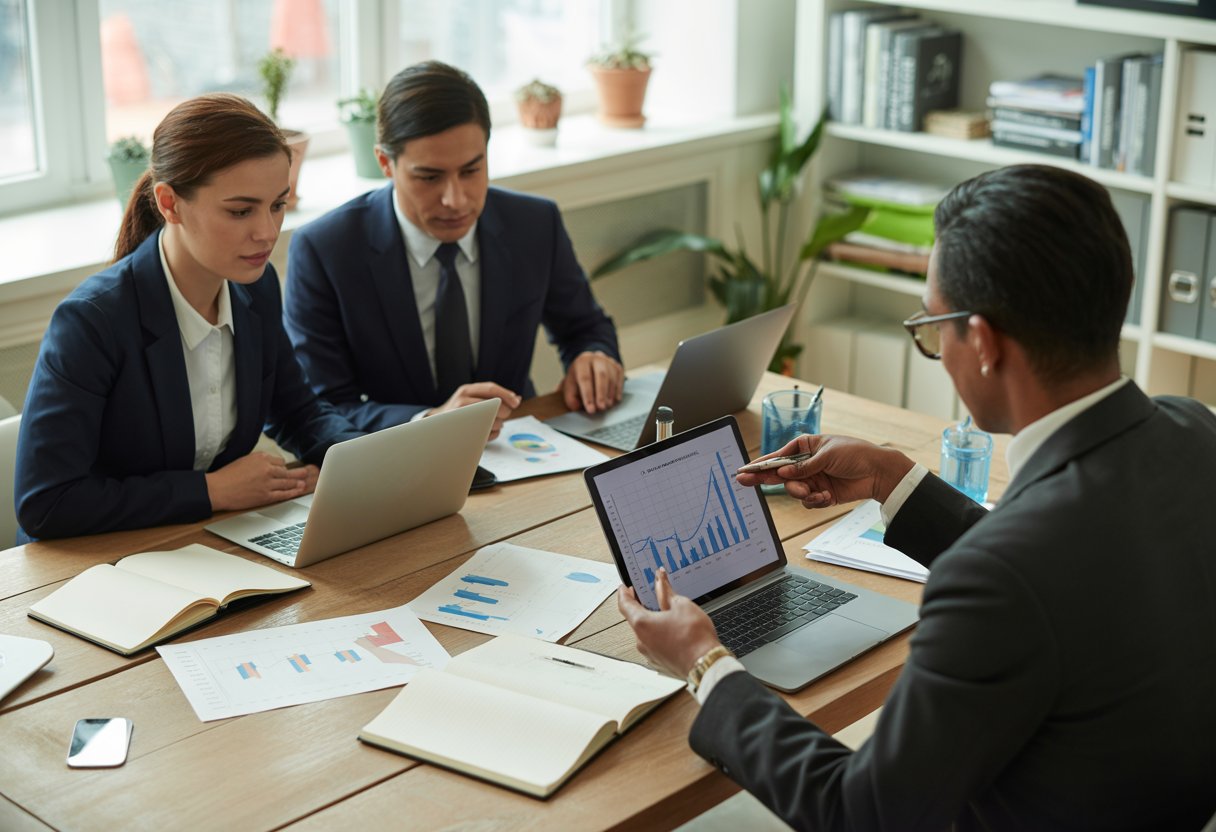Three business professionals discussing financial charts and documents around a table in a bright office.
