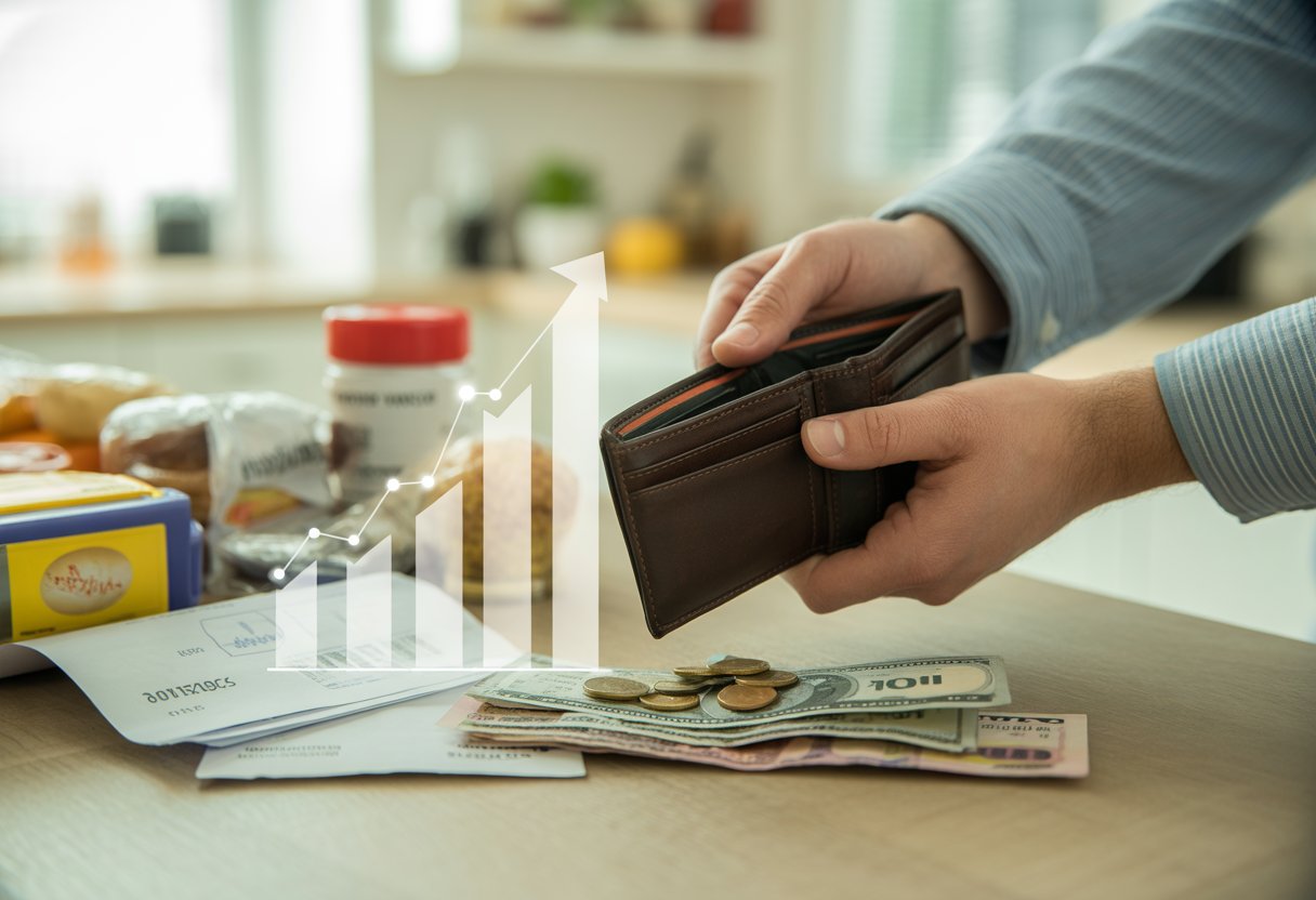 Close-up of hands holding a nearly empty wallet with coins and banknotes on a kitchen countertop, surrounded by grocery items and a utility bill.