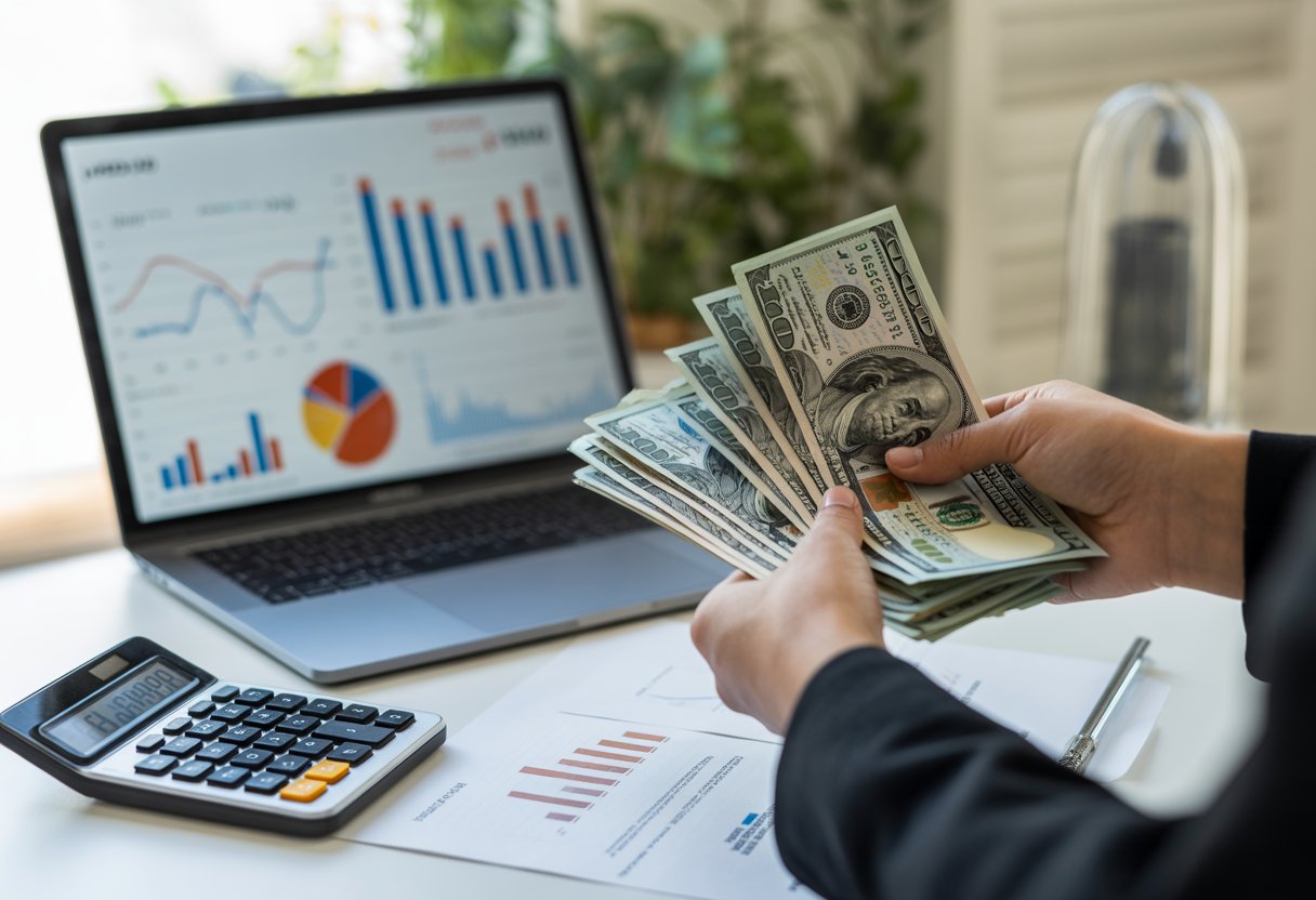 Close-up of hands holding a growing stack of US dollar bills with a laptop and calculator on a desk in the background.