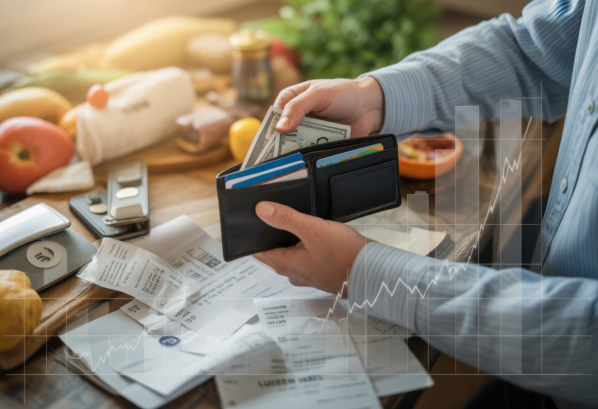 Close-up of hands holding an open wallet with cash and credit cards surrounded by groceries, bills, and receipts, with a faint graph in the background indicating rising prices.