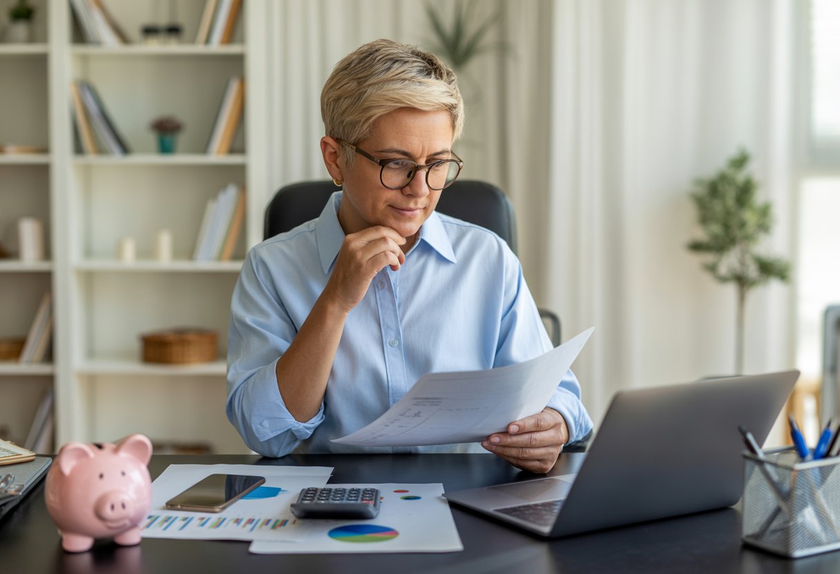 A person sitting at a desk reviewing financial documents with a laptop, calculator, and piggy bank nearby in a home office.