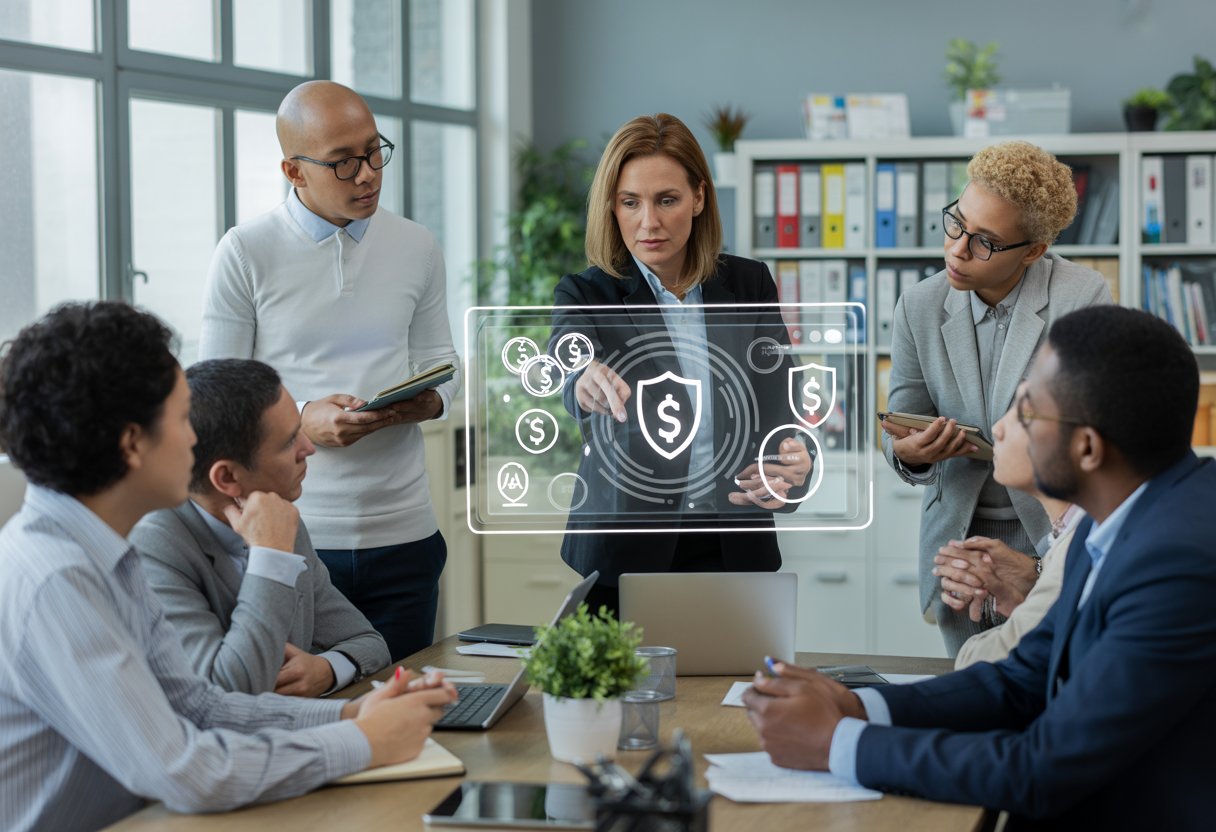 A group of professionals in an office discussing financial security with digital icons of money and shields on a transparent screen.