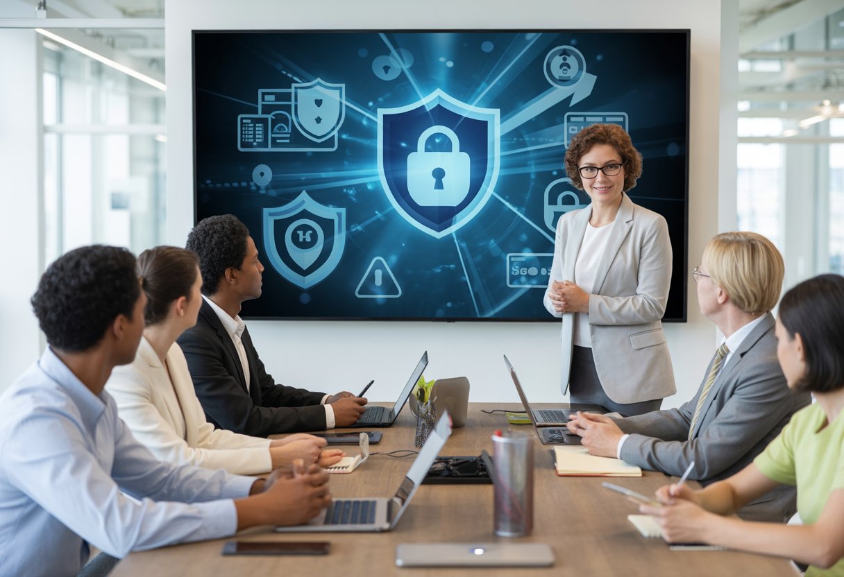 A group of people attending a financial safety seminar led by a presenter in a modern office.