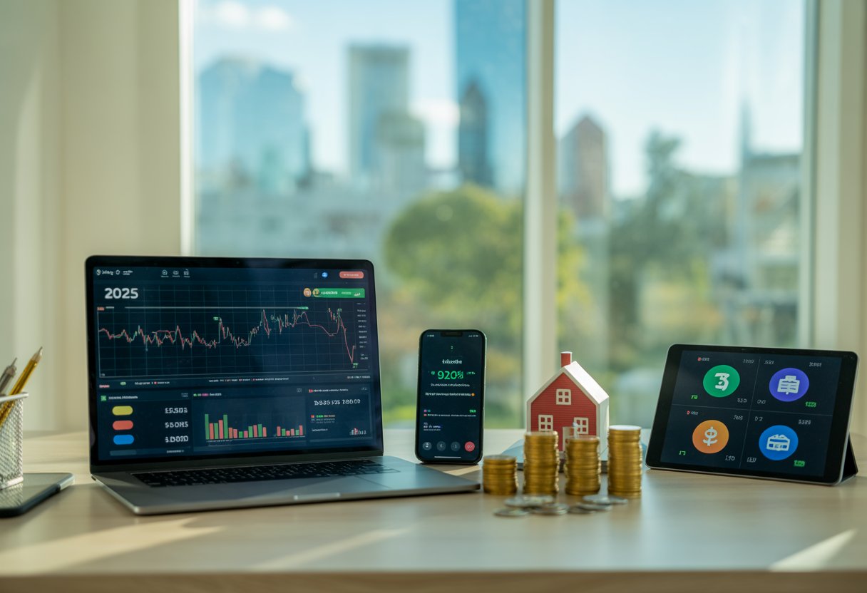 A modern home office with a laptop showing financial charts, a smartphone with earnings notifications, and symbols of passive income like coins and a house model on the desk, with a futuristic city visible through the window.