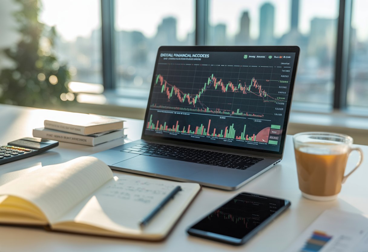 A modern workspace with a laptop showing financial charts, a smartphone, notebook, coffee cup, and city skyline visible through a window.
