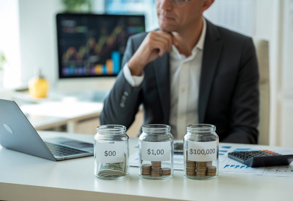 A person at a desk with jars of money labeled for different amounts and financial documents, analyzing investment options.