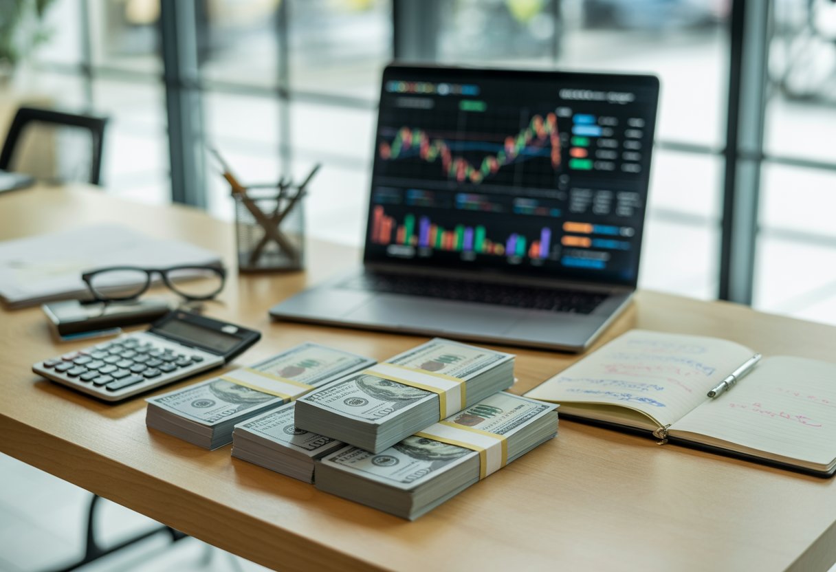 A workspace with a laptop showing investment charts, stacks of cash in different amounts, a calculator, and a notepad on a wooden desk in a bright office.