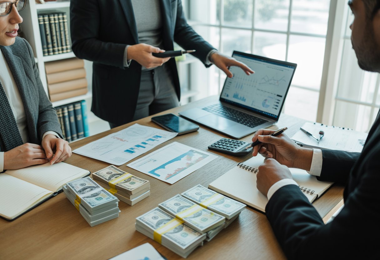 Three adults sitting at a table with financial documents, a laptop, calculator, and stacks of money, discussing investment planning in an office.