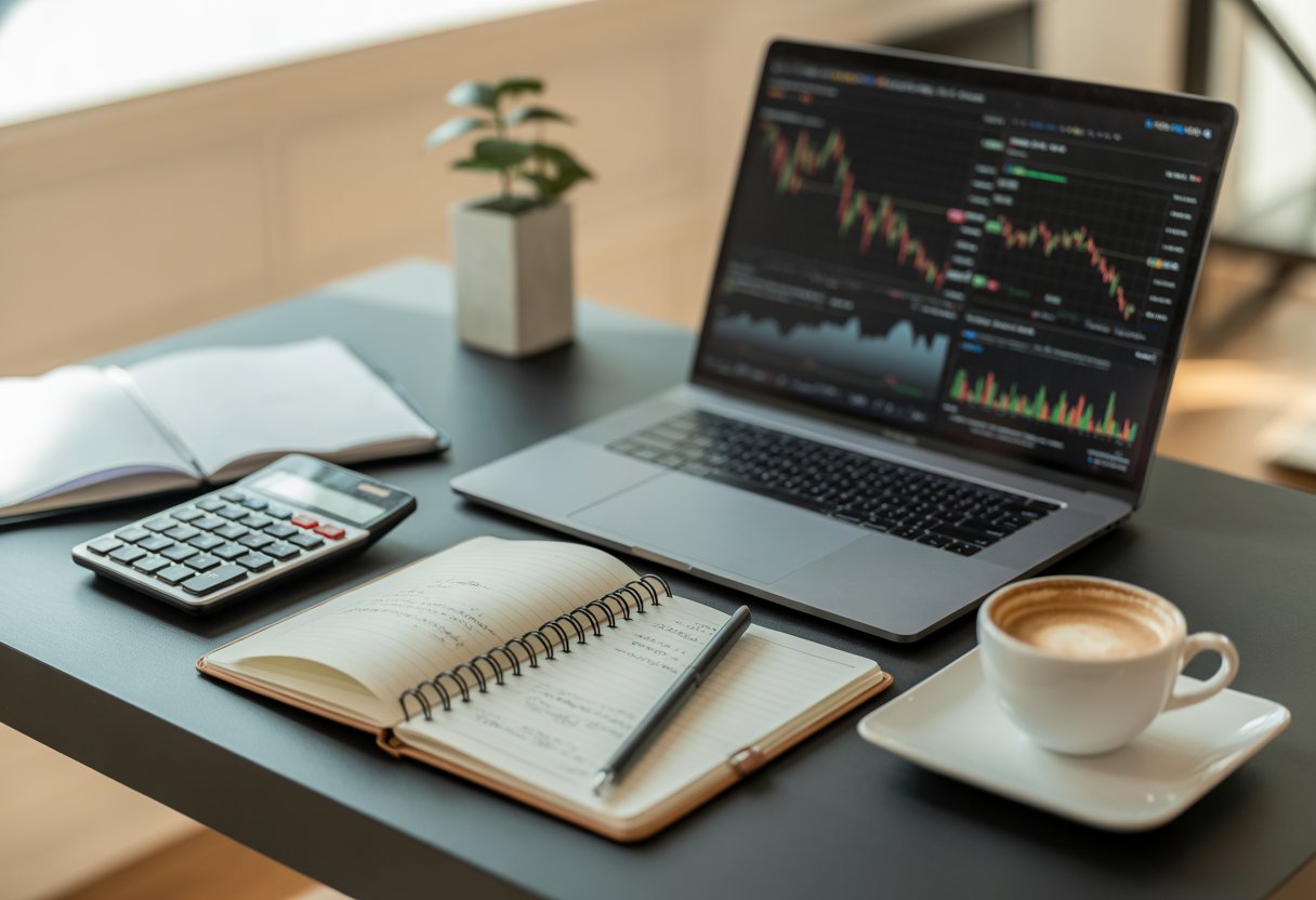 A workspace with a laptop showing financial charts, a notebook, calculator, and a cup of coffee on a desk with a small plant in the background.