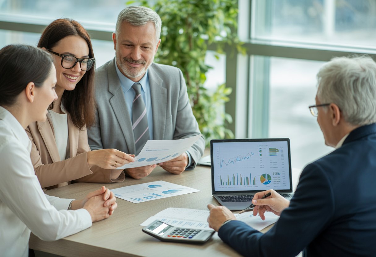 A diverse group of people discussing financial documents and charts around a table in a bright office.