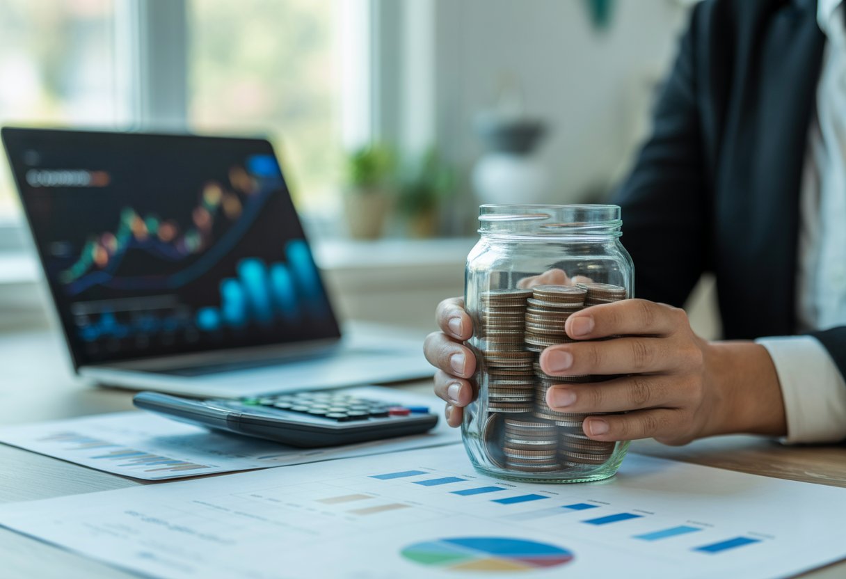 A person holding a glass jar filled with coins on a desk with financial documents, a calculator, and a laptop showing upward trending graphs.