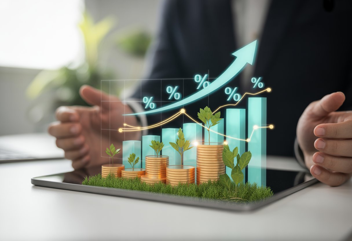 Hands holding a digital tablet showing 3D financial graphs with stacks of coins and plants symbolizing financial growth.
