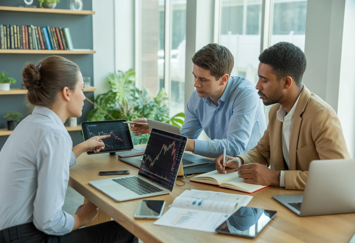 Three people sitting around a table in a bright office, discussing investing with laptops, notebooks, and financial charts.
