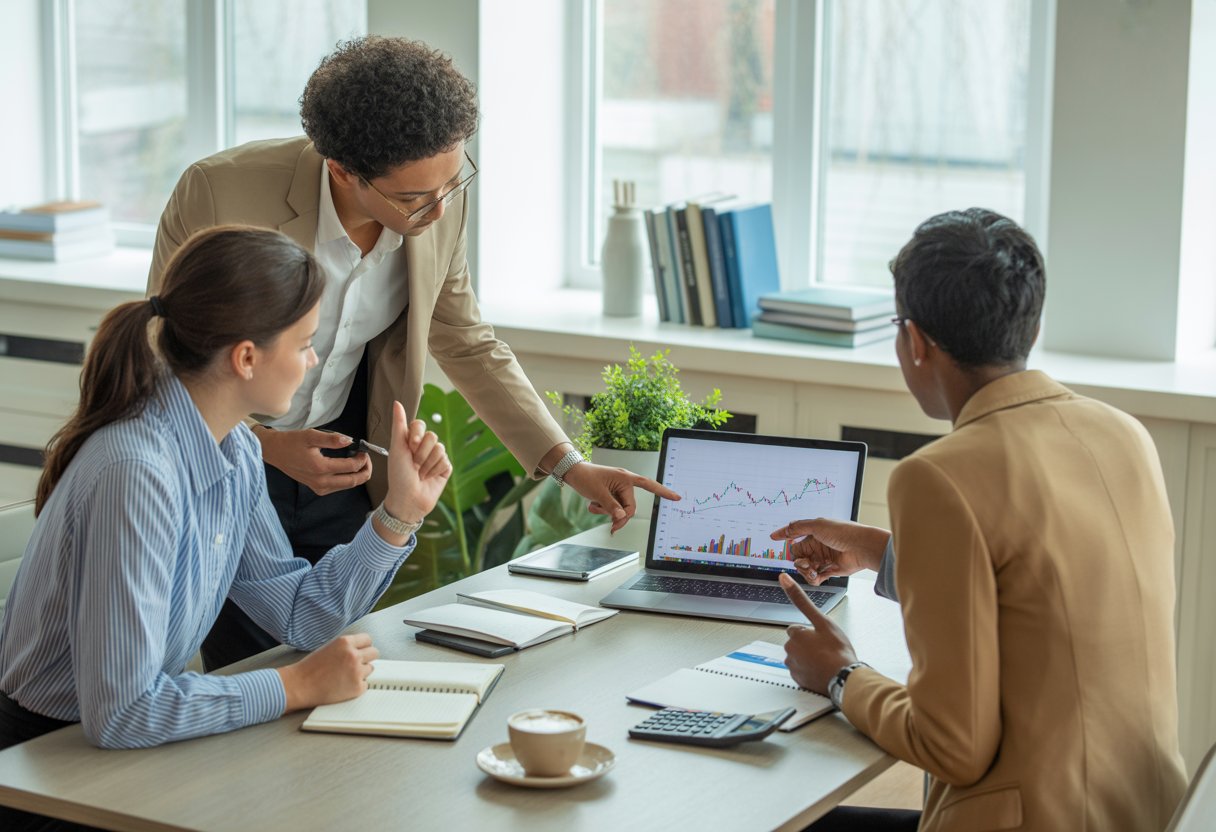 Three adults discussing financial charts on a laptop around a desk in a bright office with notebooks and coffee.