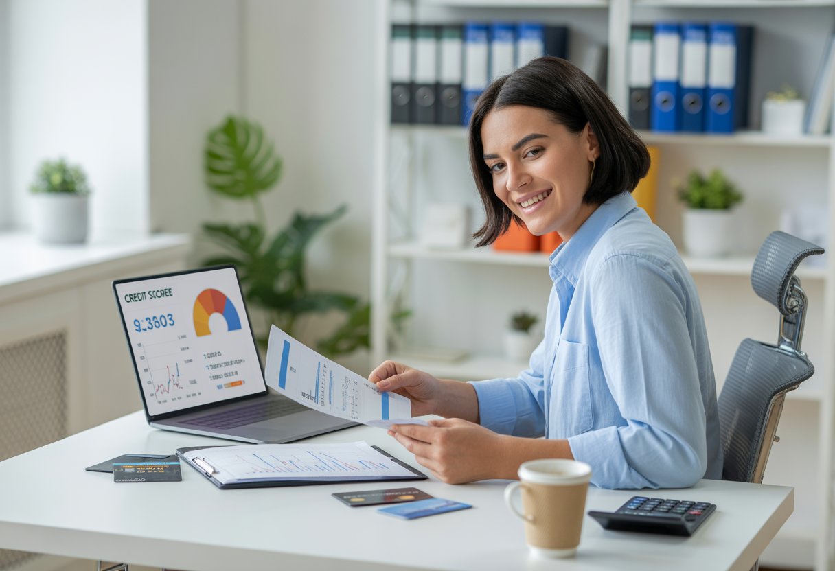 A young adult reviewing financial documents and a laptop with credit score charts at a desk in an office.