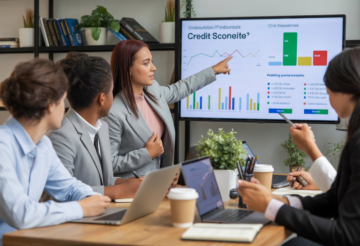 A group of young professionals discussing financial charts on a digital screen in a modern office.