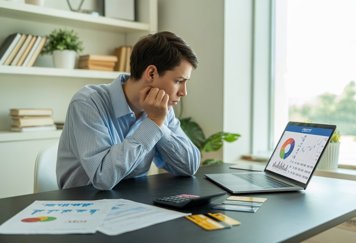A worried young adult looking at a laptop showing financial charts, sitting at a desk with credit cards and documents in a bright home office.