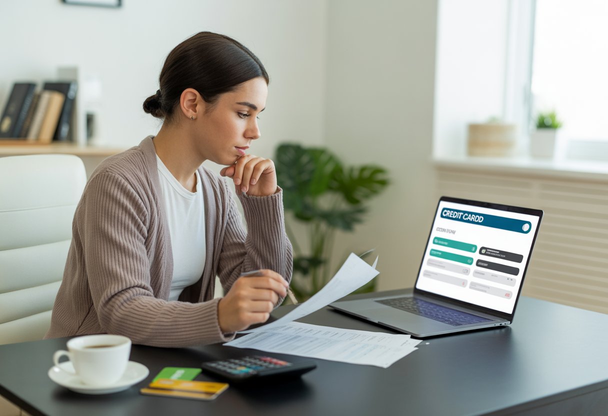 A young adult sitting at a desk reviewing financial documents and credit card options on a laptop in a bright home office.