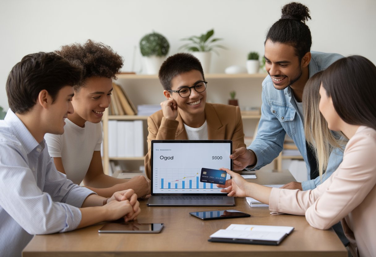 A group of young adults sitting around a table discussing credit cards, with one person holding a credit card and another pointing at a laptop screen.