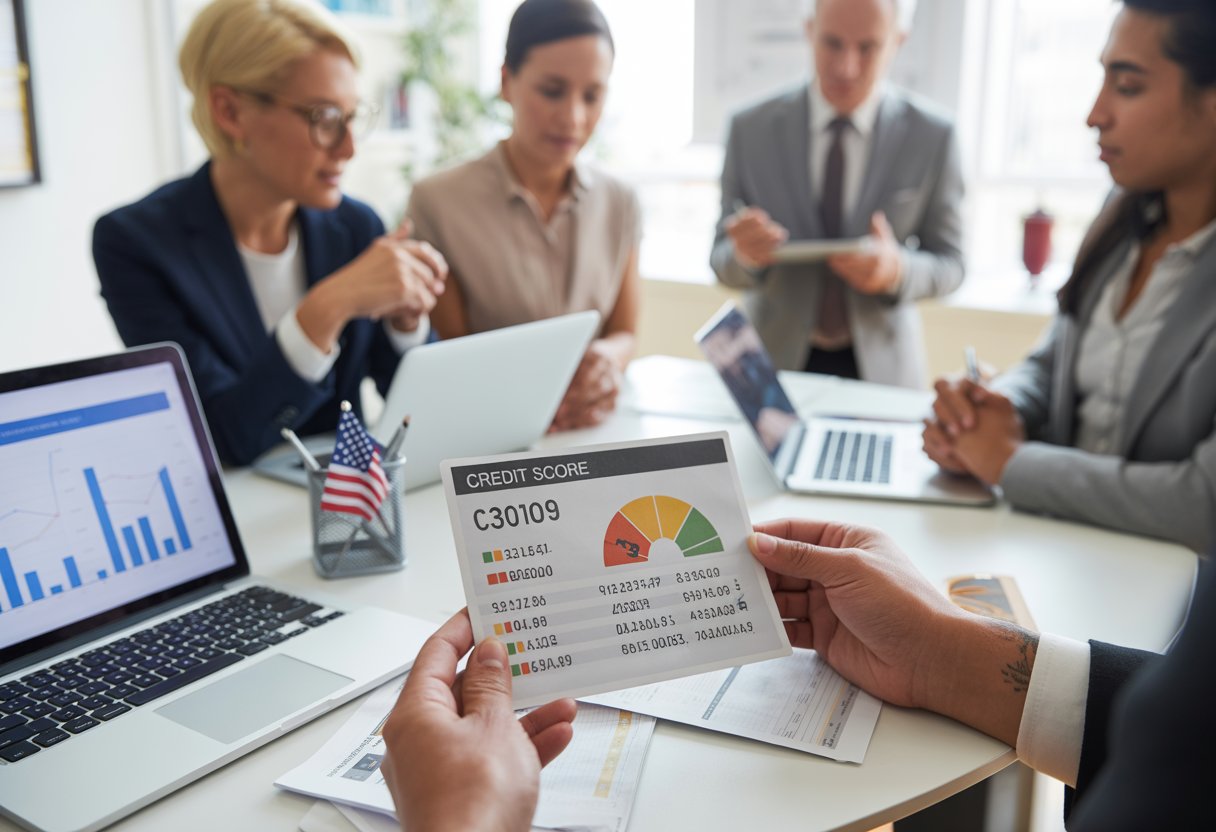 A group of adults reviewing credit score reports and financial charts in a modern office setting.