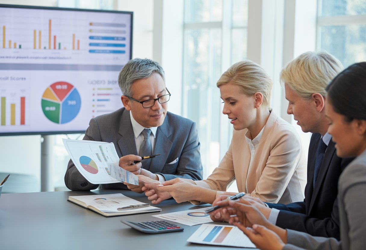 People reviewing financial documents and credit reports in an office with charts and graphs about credit scores displayed on a screen.